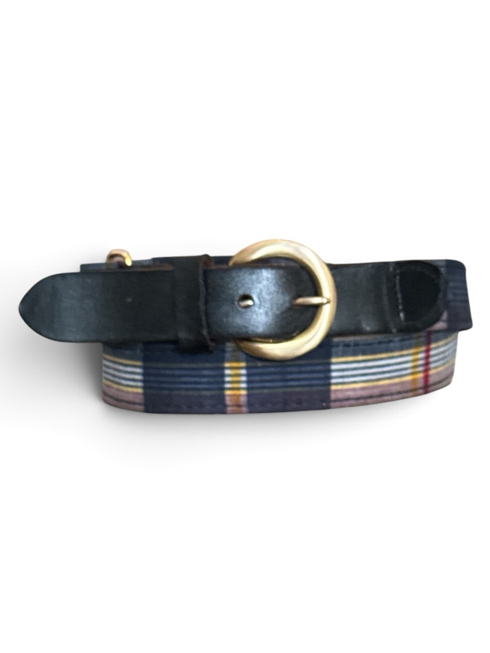 Plaid Canvas and Black Leather Belt with Gold Ring Buckle